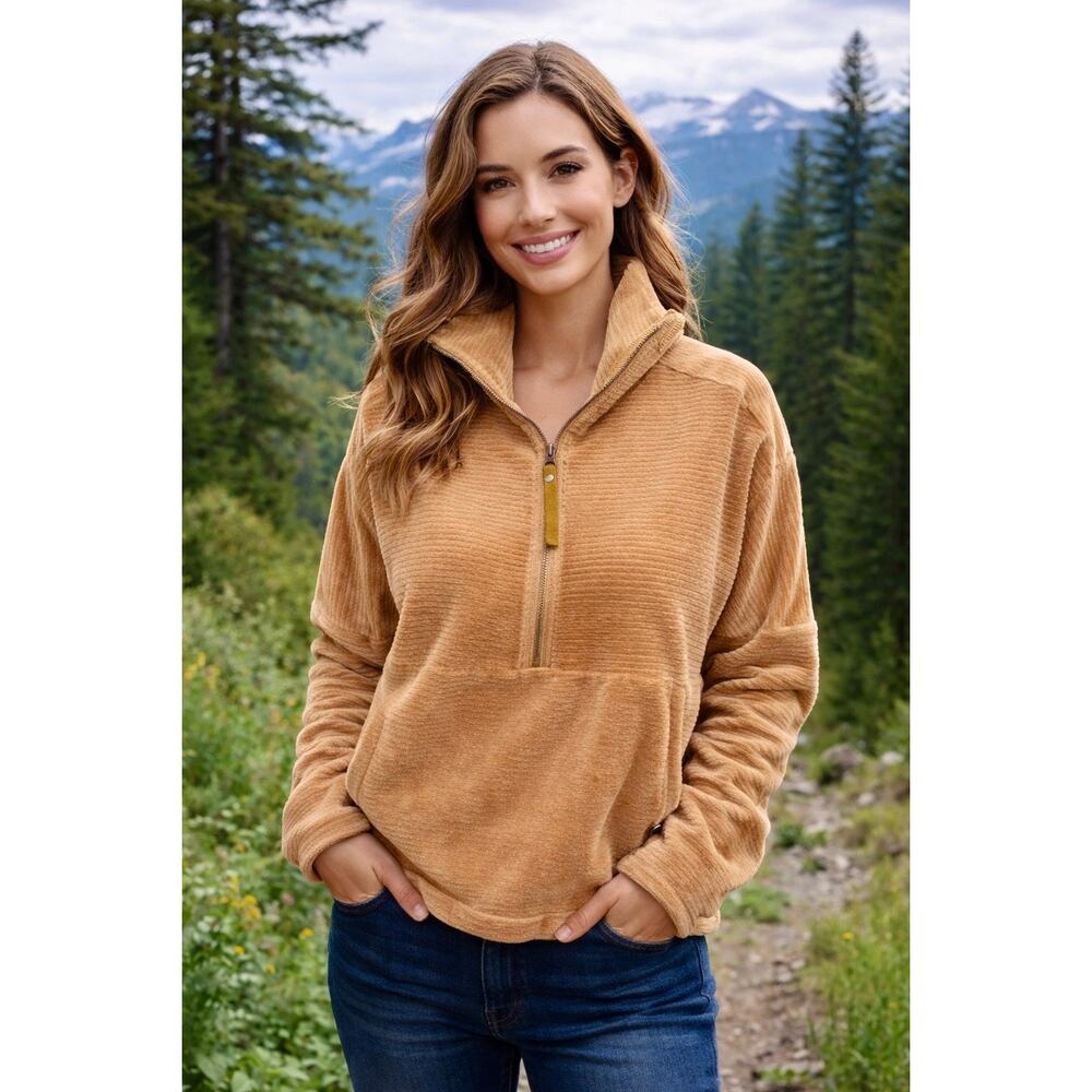 Prana Threads 1/2 Zip Pullover Tan Ribbed Pouch Sz S Comfy Outdoors granola girl